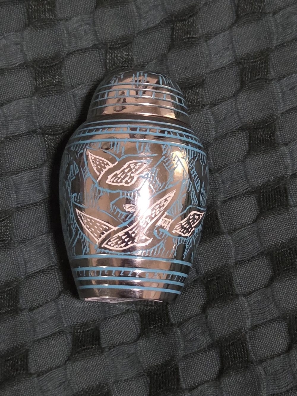 Decorative Copper-Tone Small Urn with Teal Inlay